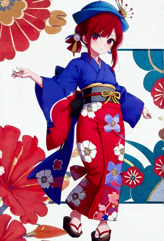 Anime girl with red hair and blue hat, canary,Yukata with morning glory pattern on a white background,Red belt,Japanese style sandals,