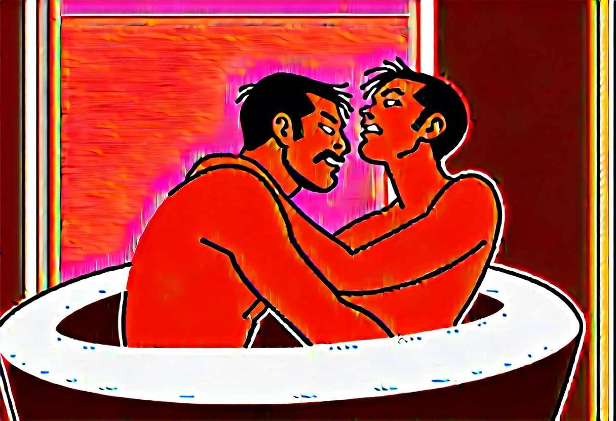 The man in his 45s with black very short hair and smooth face with moustache. The woman in her 45s with brown long hair bun. In bathtub. Night, dark, dim. They are naked. Lap sex. The woman is moaning. Orgasm. Passion. Erotic. Ultra realistic.