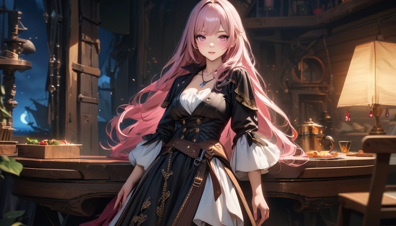 masterpiece, Best quality, 1 girl,photo, Studio photography, realistic:1.2, Littlemasterpiece, Best quality, very detailed, A high resolution, A high resolution, A high resolution, 4K, 8 k, unity 8k wallpaper, very detailed CG, masterpiece, realistic, beautiful details, depth, fine texture, Best quality: 1.3, aboutбщая концентрация, perfect skin, Him, aboutчень милое аниме, female pirate, Pirate Costume, Pirate Ship, whole body, Mole under the eye, look, high, blush, lips parted, his art, pink eyes, necklace、Wide buttocks、Эффект Тиндаллаmasuter piece、top quality、Highest standards、Highest image quality、table、complex parts、A high resolution、depth of field、natural soft light、professional lighting、about, standing, very long hair, cowboy shot, brilliant, brilliant hair, (night:1.2),Dreamy, [[gentle fingers and hands:0.55]::0.85],(detailed fingers),),(emotional),(breathtaking),(main part:1.2) whole body.), (Anime Style), (Super Detailed), (brutal), (uhd, HDR), (8K), (High Resolution: 1.2), (Complex and Beautiful: 1.2)