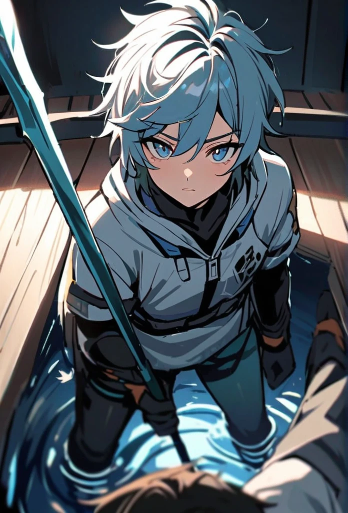 Male, young, stand on floor look like water, bird pov, bring a spear, with alert ekspression,