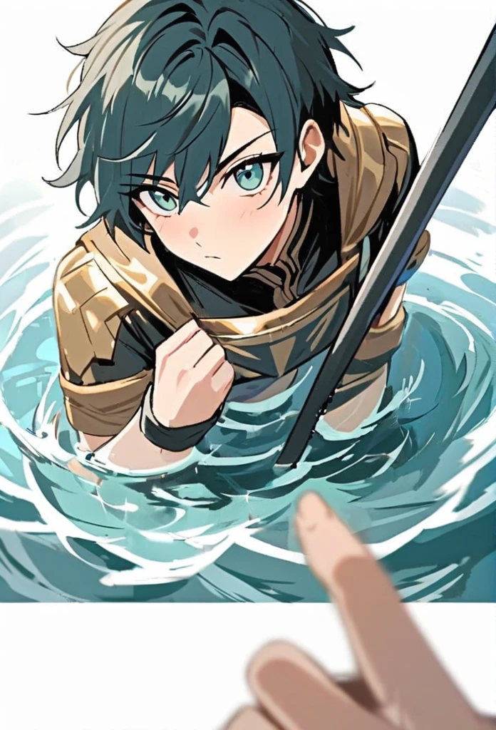 Male, young, stand on floor look like water, bird pov, bring a spear, with alert ekspression,