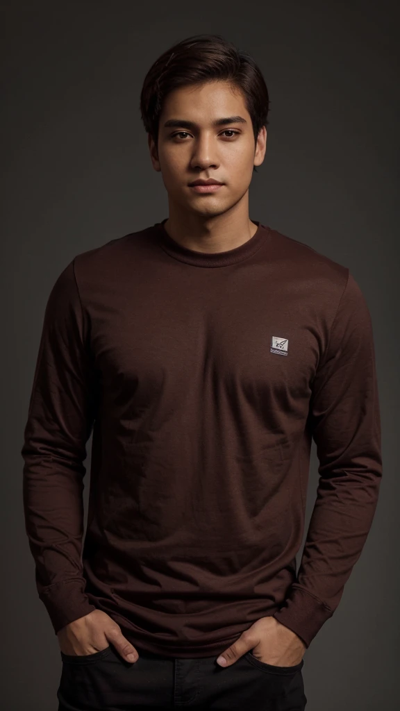 ((1 man)), Alone, looking at the viewer, by rubio, wearing a red long sleeve shirt, a black pants, Brown eyes, Upper part of the body, Gray background, realist, dioknigsreuter