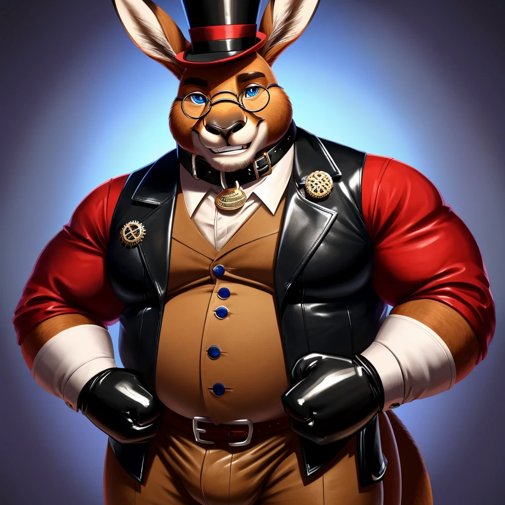 Solo, Male, fat, extremely obese, gentleman, dapper Professor Kangaroo, blue eyes, (posing:1.3), (soft shading), 4k, hi res, ((detailed face, detailed)), looking at viewer, mouth wide open, steampunk, collared shirt with buttons, top hat, male focus, Explorer Outfit, glasses, monocle, vest with buttons, sleeves rolled up, round eyewear, brown headwear, brown vest, Kangaroo is wearing a glossy leather dog collar around the neck, Kangaroo is wearing the leather collar and shirt and vest at the same time, Kangaroo is wearing glossy white rubber gloves on the hands, wearing white rubber gloves on the feet, gloves are rubber in texture, clenching teeth, clenching fists, leather collar is glossy and shiny with a lot of detail, Kangaroo is wearing gloves and leather collar at the same time, leather collar has a round dog-tag, leather collar is thick and detailed, leather collar is glossy and shiny, fancy clothing, dapper vest, dapper shirt, leather collar is thick, glossy leather collar.