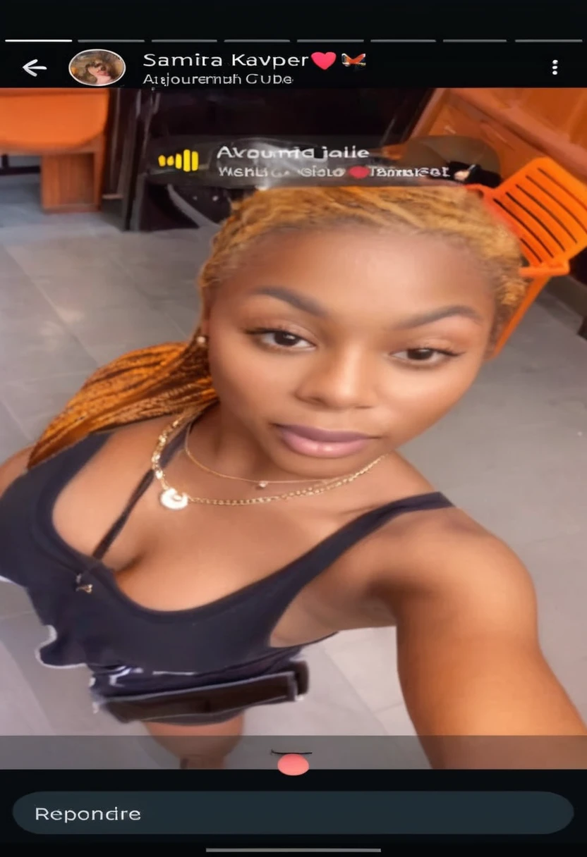 A 23-year-old blonde woman, ((pechos grandes)), ((hiperrealismo)) ,. blonde hair with light brown roots. cabello rubio, Hair with brown roots, cabello extra largo, cabello muy largo, really long hair, Beautiful, Front view, selfie, photo taken with iPhone, elegant black shirt with escote, escotada, selfie in the garden, high quality, selfie iPhone, Dressed in a fang top black and basketball shorts an basket black