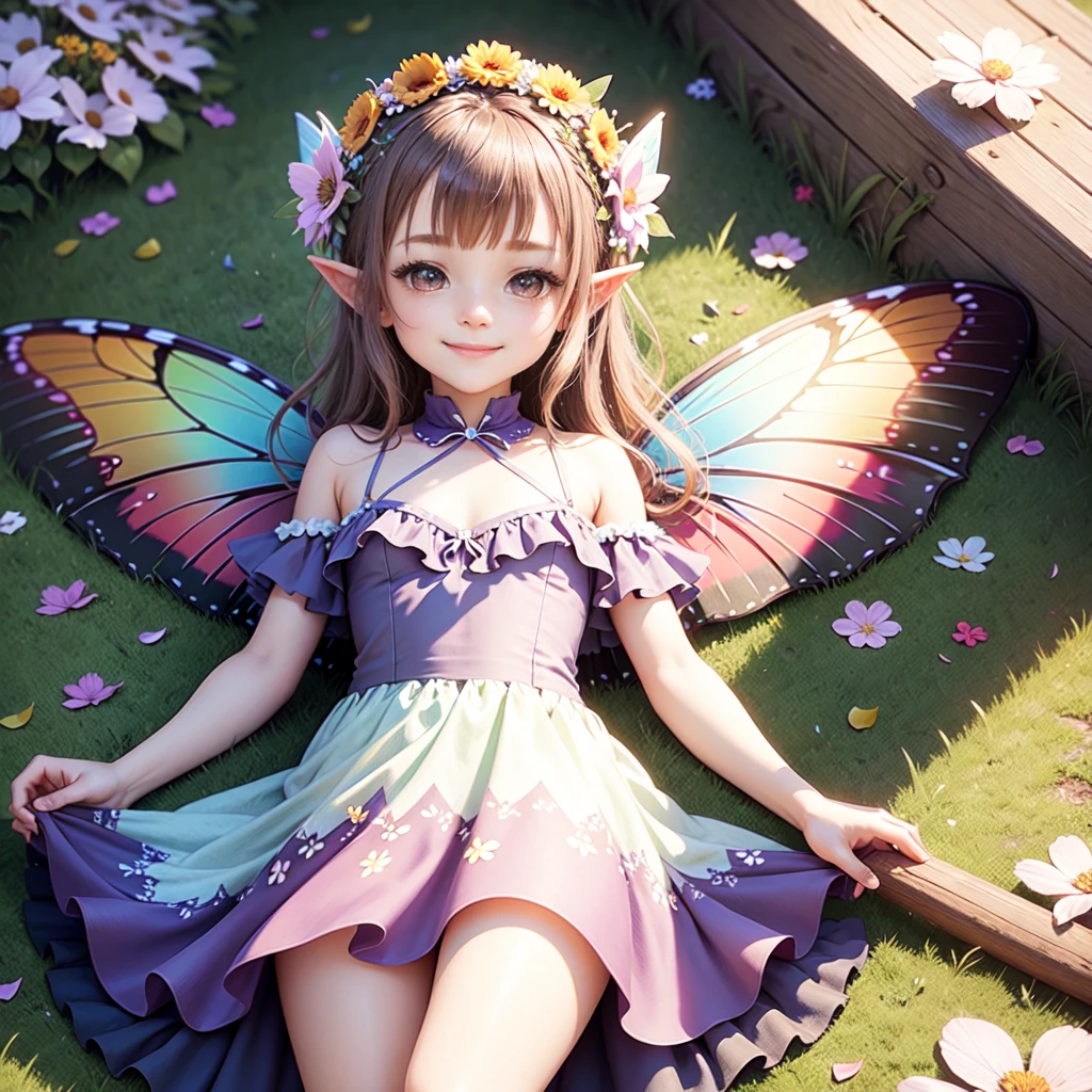 cute little fairy butterfly wings pointy ears flowers flower crown dress made of petals smiling gently leaves