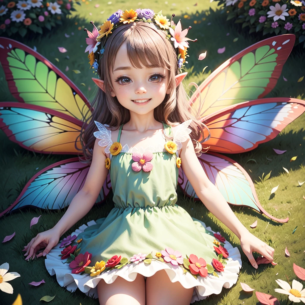 cute  fairy butterfly wings pointy ears flowers flower crown dress made of petals smiling gently leaves