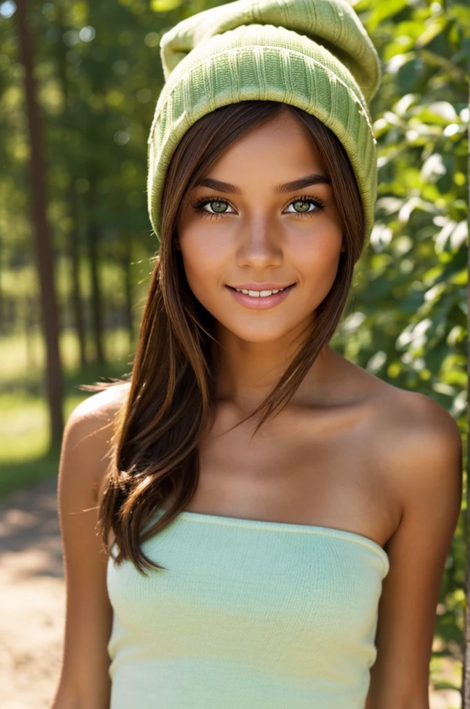 A lovely young woman with tanned skin, light green sparkling eyes with mischief, shoulder-length chestnut brown hair, with a beanie, outdoors