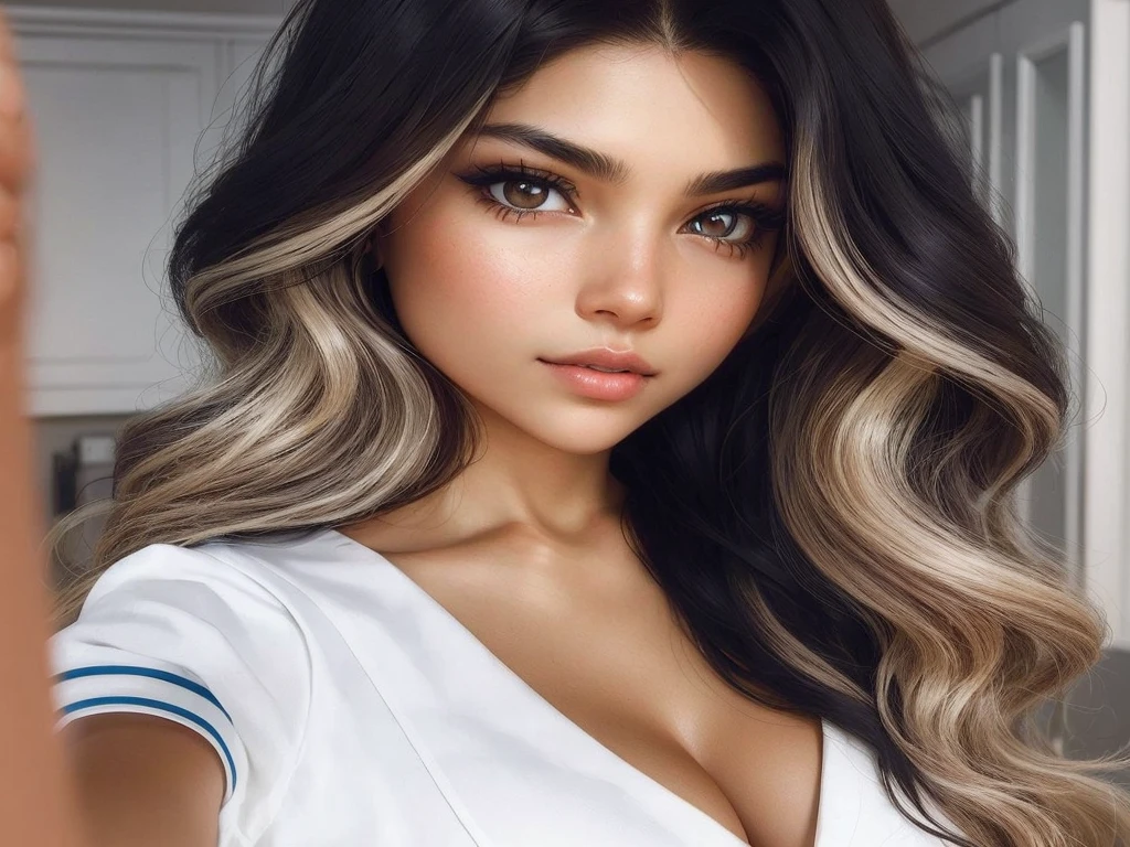 Describe a young nurse with expressive brown eyes and flawless skin. your hair is long, wavy and predominantly black, with subtle blonde highlights that add a touch of brightness and contrast. She has a slender silhouette, with a thin waist and large breasts. Imagine her in hospital scrubs, displaying a calm and professional look, in a clinical setting illuminated by natural light, while gently caring for a patient.