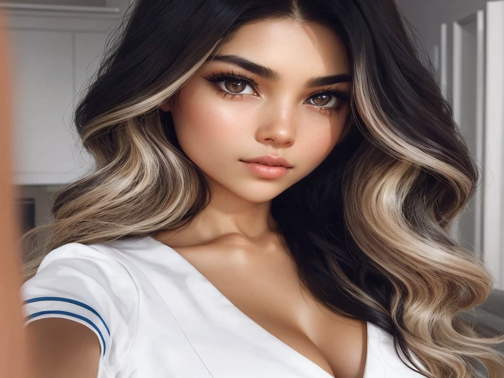 Describe a young nurse with expressive brown eyes and flawless skin. your hair is long, wavy and predominantly black, with subtle blonde highlights that add a touch of brightness and contrast. She has a slender silhouette, with a thin waist and large breasts. Imagine her in hospital scrubs, displaying a calm and professional look, in a clinical setting illuminated by natural light, while gently caring for a patient.