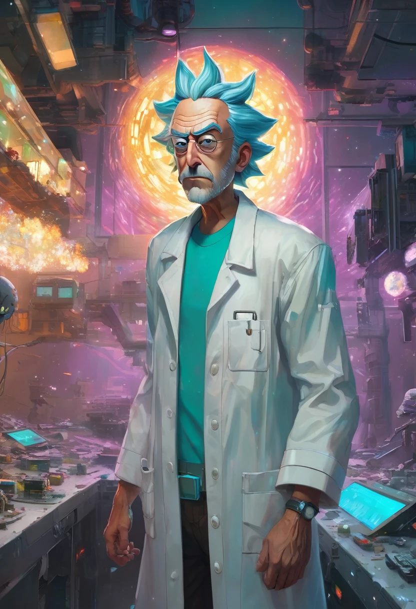 (rick sanchez), (cartoon style), universo de rick e morty, (wearing a white scientist coat and t-shirt), (((muscular)))
Atey Ghailan, por Jeremy Mann, Greg Manchess, Antonio Moro, trends on artstation, trends at CGsociety, intricate, high détail, sharp focus, dramatic, photorealistic painting art by midjourney and greg rutkowski, bokeh on background