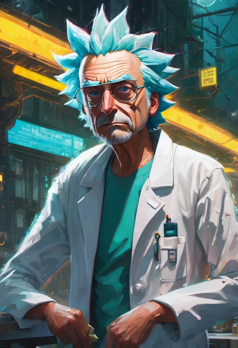 (rick sanchez), (cartoon style), universo de rick e morty, (wearing a white scientist coat and t-shirt), (((muscular)))
Atey Ghailan, por Jeremy Mann, Greg Manchess, Antonio Moro, trends on artstation, trends at CGsociety, intricate, high détail, sharp focus, dramatic, photorealistic painting art by midjourney and greg rutkowski, bokeh on background