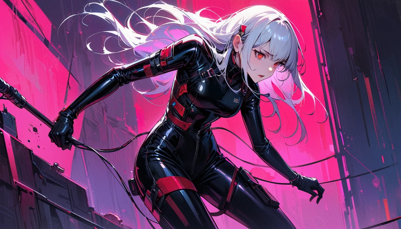 masterpiece, Best quality, 8 k, digital painting, 1 girl, One, get up, youth, White hair, Длинные White hair, hair accessories, Red eyes, round pupils, impassive facial expression, blood stains, Mechanical parts, electrical wire, cable, The effect of failure, terrifying, Science fiction, futuristic, Dark inside background, neon lights, Cyberpunk characters, surreal, strange, alarming, Chilling, terrifying, overalls,Red eyes,Poison Obsession,blackened,Long black gloves,One-piece trousers,tight latex bodysuit,Emphasize her graceful figure,Wrap your whole body,symbiont,((raised sexy)),overalls,Red eyes,Poison Obsession,blackened,Long black gloves,One-piece trousers,Black latex clothing,Blood-Red eyes,Best quality, A high resolution, Super detailed, Bright textures, a mask, tight latex bodysuit, bang,purple hair, Blue eyes