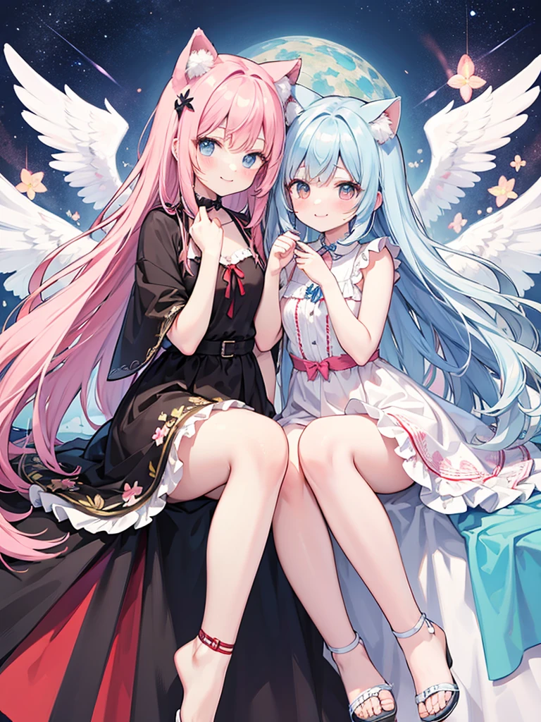 cat ears tail,long hair,pInk hair,angel shota,(boy's flat chest),Dress in the colors of the French flag, blue, white and red,dancing in the heaven,hyper detail and hyper precise illumination,anime style outline,Say good night and smile,