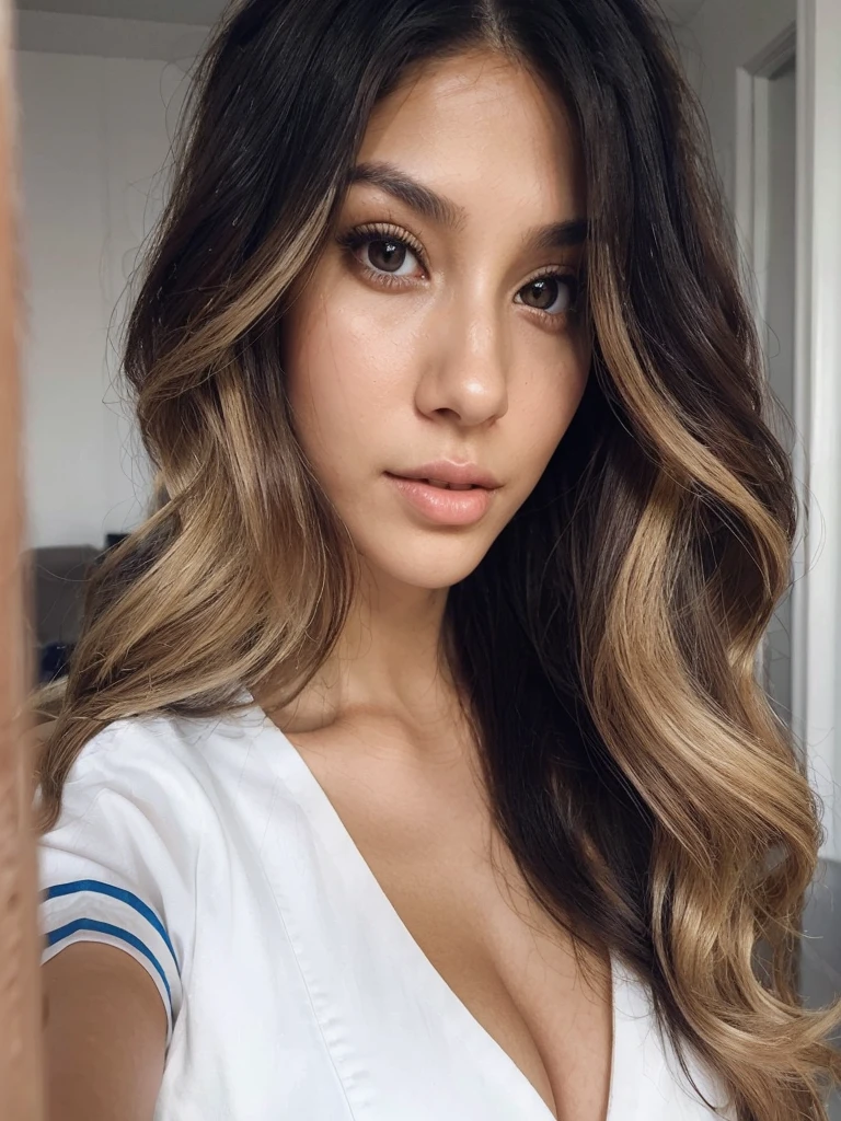 Describe a young nurse with expressive brown eyes and flawless skin. your hair is long, wavy and predominantly black, with subtle blonde highlights that add a touch of brightness and contrast. She has a slender silhouette, with a thin waist and large breasts. Imagine her in hospital scrubs, displaying a calm and professional look, in a clinical setting illuminated by natural light, while gently caring for a patient.