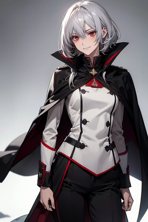 (Confused, High resolution, Very detailed), 1 female, Silver Hair,Shortcuts,Bright red eyes,White and black military uniform,24th generation,beauty,mature,thin,quiet,Calm,A small smile,A kind smile,Embarrassed smile,In front of the person I like,Long Cape,Slender and thin,boots,skinny pants,grassland,Small breasts,