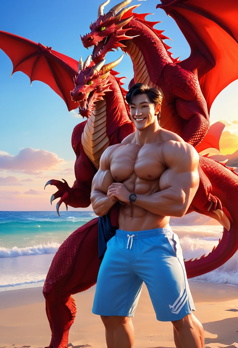 Masterpiece, Anthropomorphic red dragon, There are a pair of beautiful dragon horns gradient from blue to white.., Blue eyes, Red dragon scales, 1 cola, very muscular body, good looking, Beach clothes, smiling, full body sunset view. Dragon hugging and kissing muscular boy in muscle shirt and shorts, seaside