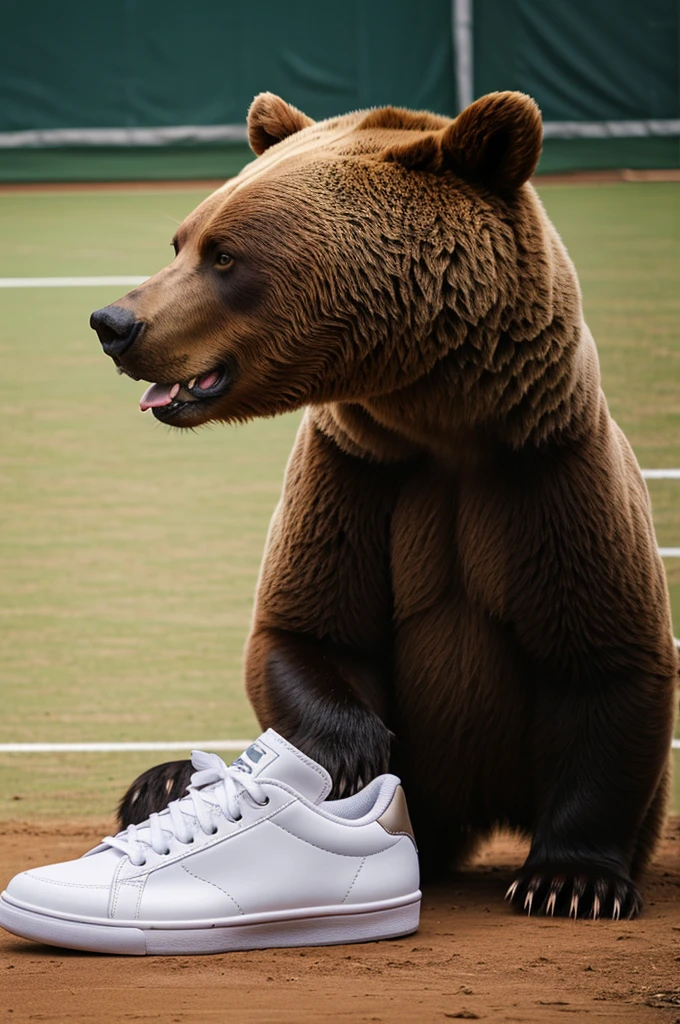 A bear eating a tennis shoe
