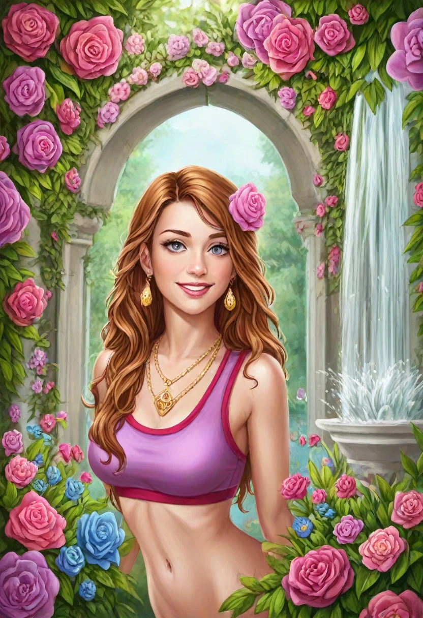 (best quality,4k,8k,highres,masterpiece:1.2),ultra-detailed,(realistic,photorealistic,photo-realistic:1.37),portrait,beautiful detailed eyes,beautiful detailed lips,extremely detailed eyes and face,longeyelashes,Indian beauty,Aishwarya Rai Bachchan,graceful,distinguished features,charming smile,milky complexion,expressive eyes,golden-brown hair,sleek and shiny,straight hair,traditional Indian attire,ornate jewelry,sparkling earrings,delicate necklace,brightly colored silk saree,enchanting background,flower garden,blooming flowers,vibrant colors,cascading water fountain,sunny day,natural sunlight,soft and warm lighting,ethereal atmosphere, wearing sports bra