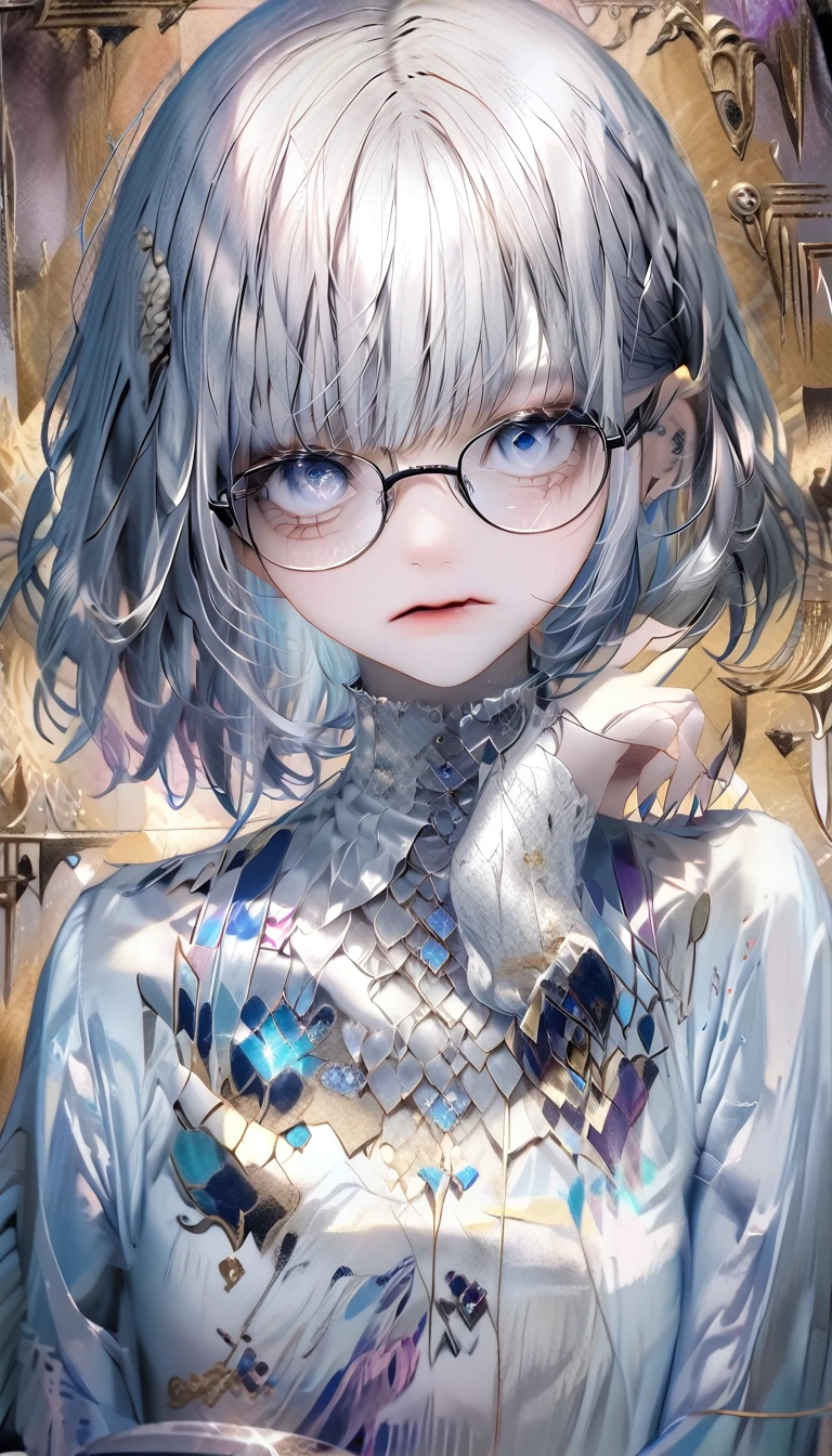(((Bluish silver bob hair))) Square frame glasses, (((shining blue eyes))), (medium chest), (on her knees), with her smartphone on, a girl trembling with despair
