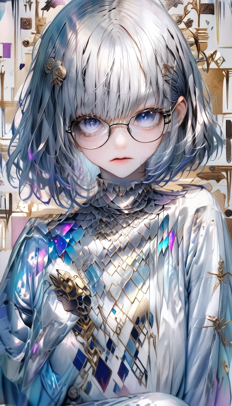 (((Bluish silver bob hair))) Square frame glasses, (((shining blue eyes))), (medium chest), (on her knees), with her smartphone on, a girl trembling with despair