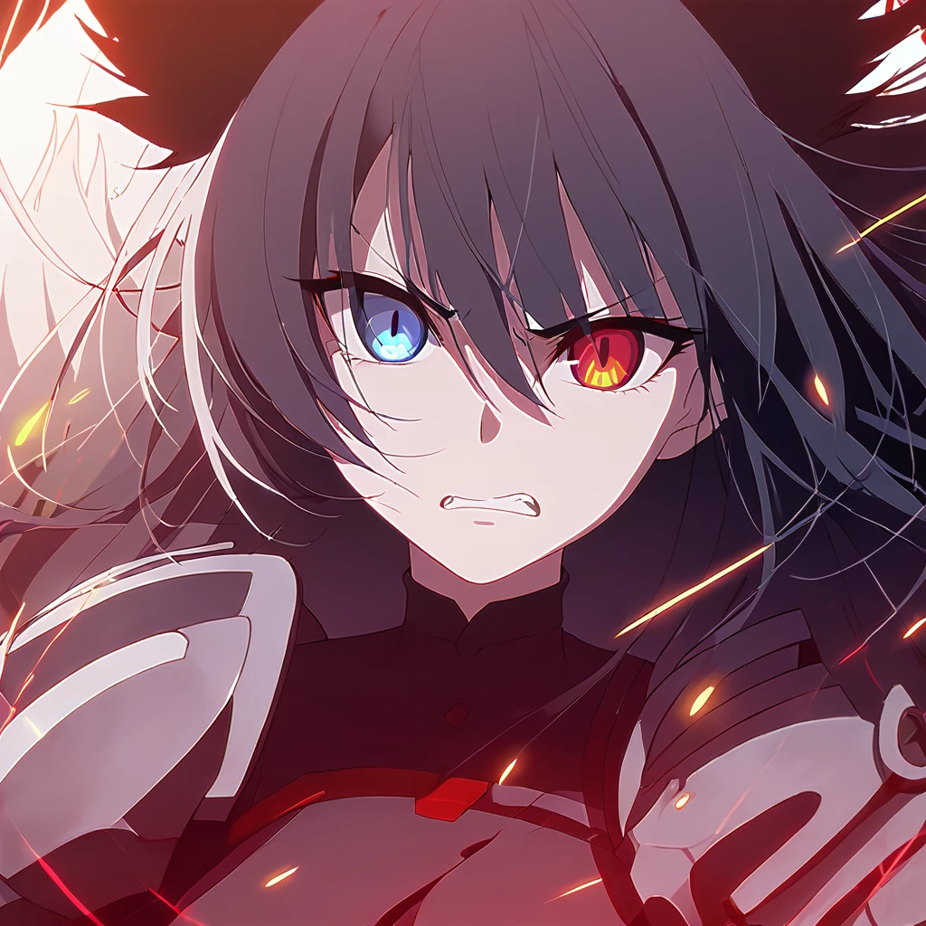a beautiful blue and black kitsune, big breasts, long black hair, slim waist, detailed portrait, intricate details, dramatic lighting, elegant, sensual, long white tail, heterochromia (one blue eye, one red eye), His eyes would shine brightly, Surrounded by red energy fireflies, Wearing a armor, angry,