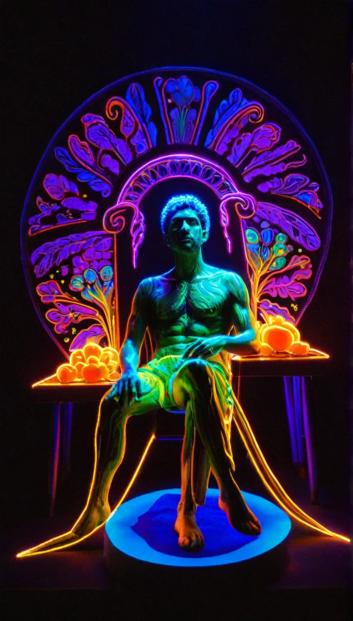 Black light art ，with black background，Carl Bacchus' style, Full body portrait of person sitting in living room