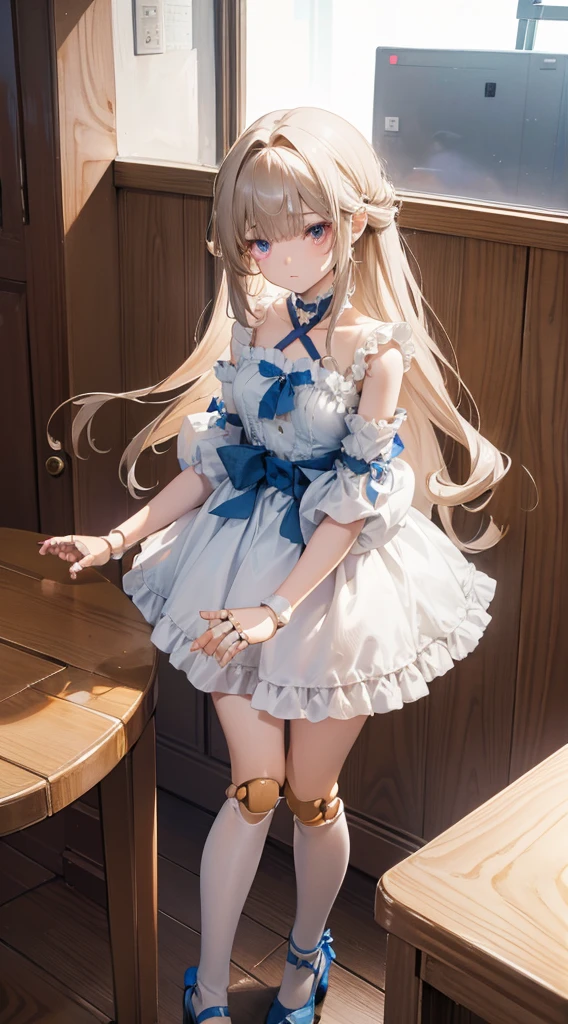Doll girl,Puppet joints,Globular joints,Puppet joints,Puppet joints,Puppet Expression,Dull expression,Eyes without highlights,Lifeless eyes,Stiff eyes,Stiff movements,Cafe scene,Interior scene,裸露arm,knee,arm,thigh,Close-up above the waist