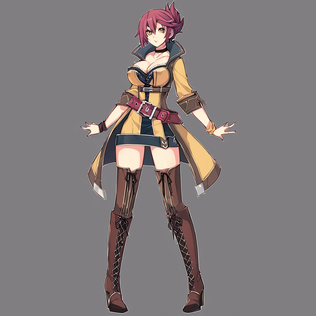 nsfw,,,,(sara valestein),(sen12),1girl, large breasts,choker, belt, yellow eyes, red hair,((high heel boots, Knee-high boots)),カウボーイショット