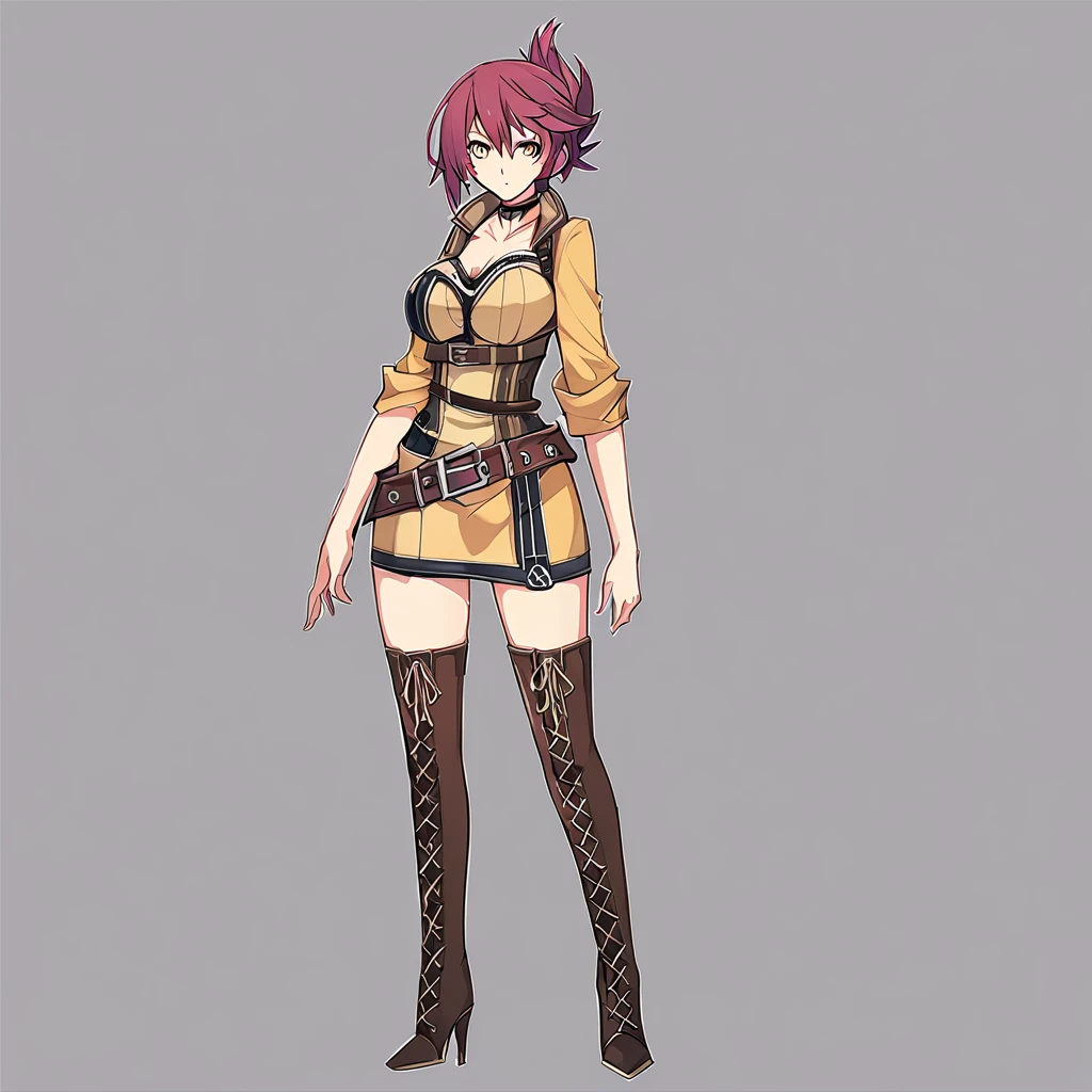 nsfw,,,,(sara valestein),(sen12),1girl, large breasts,choker, belt, yellow eyes, red hair,((high heel boots, Knee-high boots)),カウボーイショット