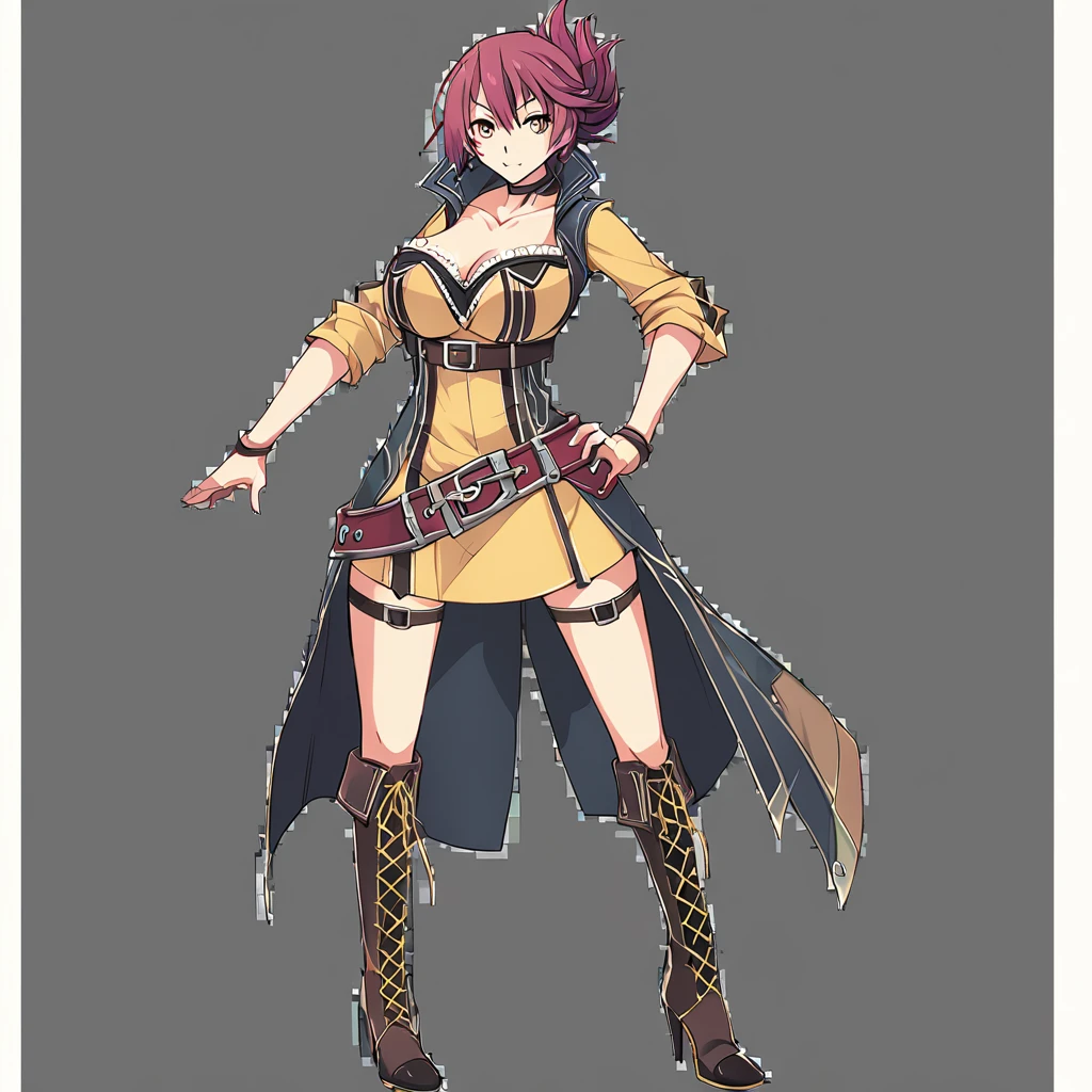 nsfw,,,,(sara valestein),(sen12),1girl, large breasts,choker, belt, yellow eyes, red hair,((high heel boots, Knee-high boots)),カウボーイショット