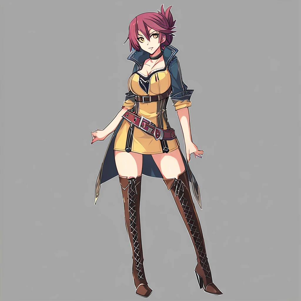 nsfw,,,,(sara valestein),(sen12),1girl, large breasts,choker, belt, yellow eyes, red hair,((high heel boots, Knee-high boots)),カウボーイショット