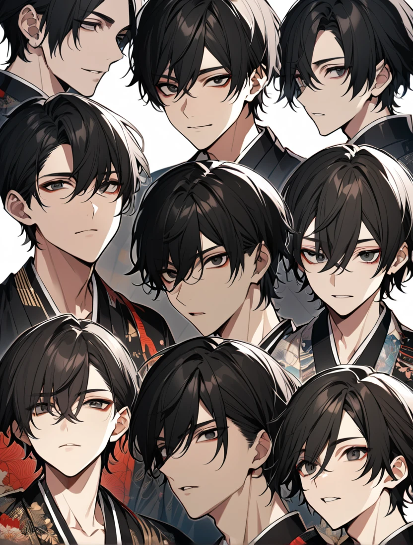 (black_hair), (short_hair), (deep_black_eyes), (high_detailed_eyes), (Handsome), (Attractive), (male), (unique_dark_colored_kimono), (detailed_Hair), (detailed), (detailed_mouth), (Teenager), (dark_under_eyes), 