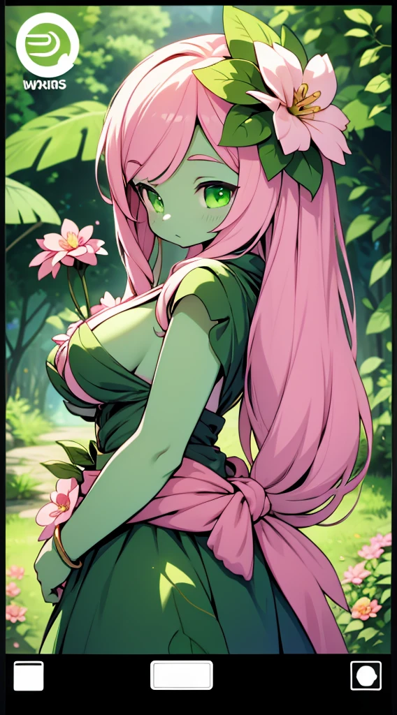 Plant Girl，Pink Hair，blade，blade decoration，Plant Girl，Plant Girl，Green Skin，Dark Skin，Green Skin，Sunbathing，Forest Background，Jungle Background，Lovely，Large Breasts，Big breasts and big buttocks，Petal costumes，Plant clothing，Petal skirt，Petal Clothes，Pink petals，Girl with flowers，Girl with vines growing on her body，alraune，Close-up shot from waist up，Upper body close-up，Petal skirt，wear a skirt，Flower Hair Card，Huge flowers，It is covered with flowers and vines