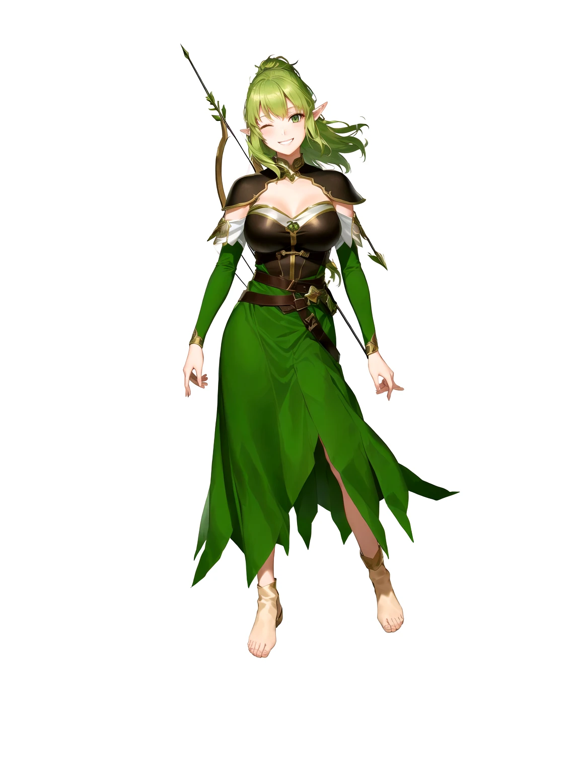 Anime, 1girl, 1woman, there is a woman dressed in a green dress with a bow and arrow, female forest archer, wood elf, (((mad))) elf princess, forest hunter lady, female elfling, female earth mage, female elf, beautiful wood elf, half elf woman, elven princess, elven warrior princess, elf princess knight, elf princess, female druid, forest dryad, (her right eye was closed, her left eye was open, she was laughing)