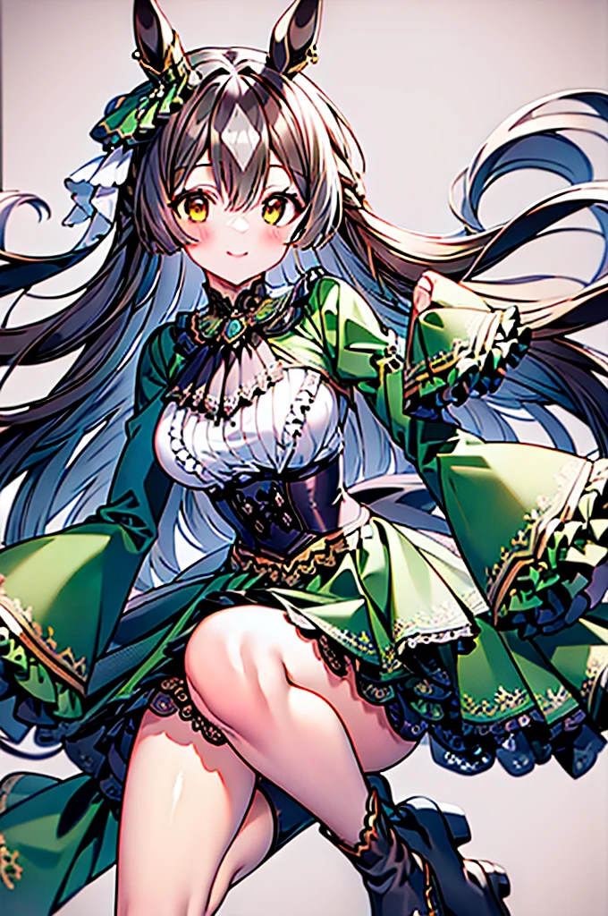 masterpiece, Highest quality, High resolution, Long Hair, Half Up, Braiding, Hair between the eyes, Animal ears, earrings, Horse tail, chest, Frills, Black Ascot, Green Dress, (Sleeves are longer than the wrist:1.2), Black knee socks, Vibrant colors, whole body, Outdoor, (大きなchest:0.8), smile