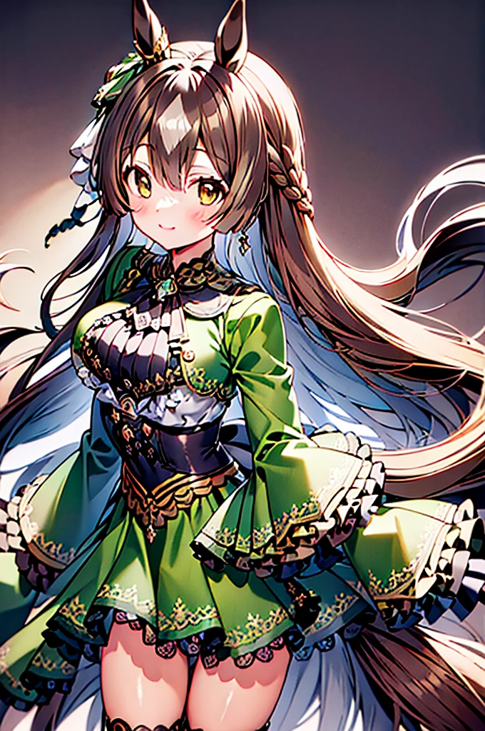 masterpiece, Highest quality, High resolution, Long Hair, Half Up, Braiding, Hair between the eyes, Animal ears, earrings, Horse tail, chest, Frills, Black Ascot, Green Dress, (Sleeves are longer than the wrist:1.2), Black knee socks, Vibrant colors, whole body, Outdoor, (大きなchest:0.8), smile