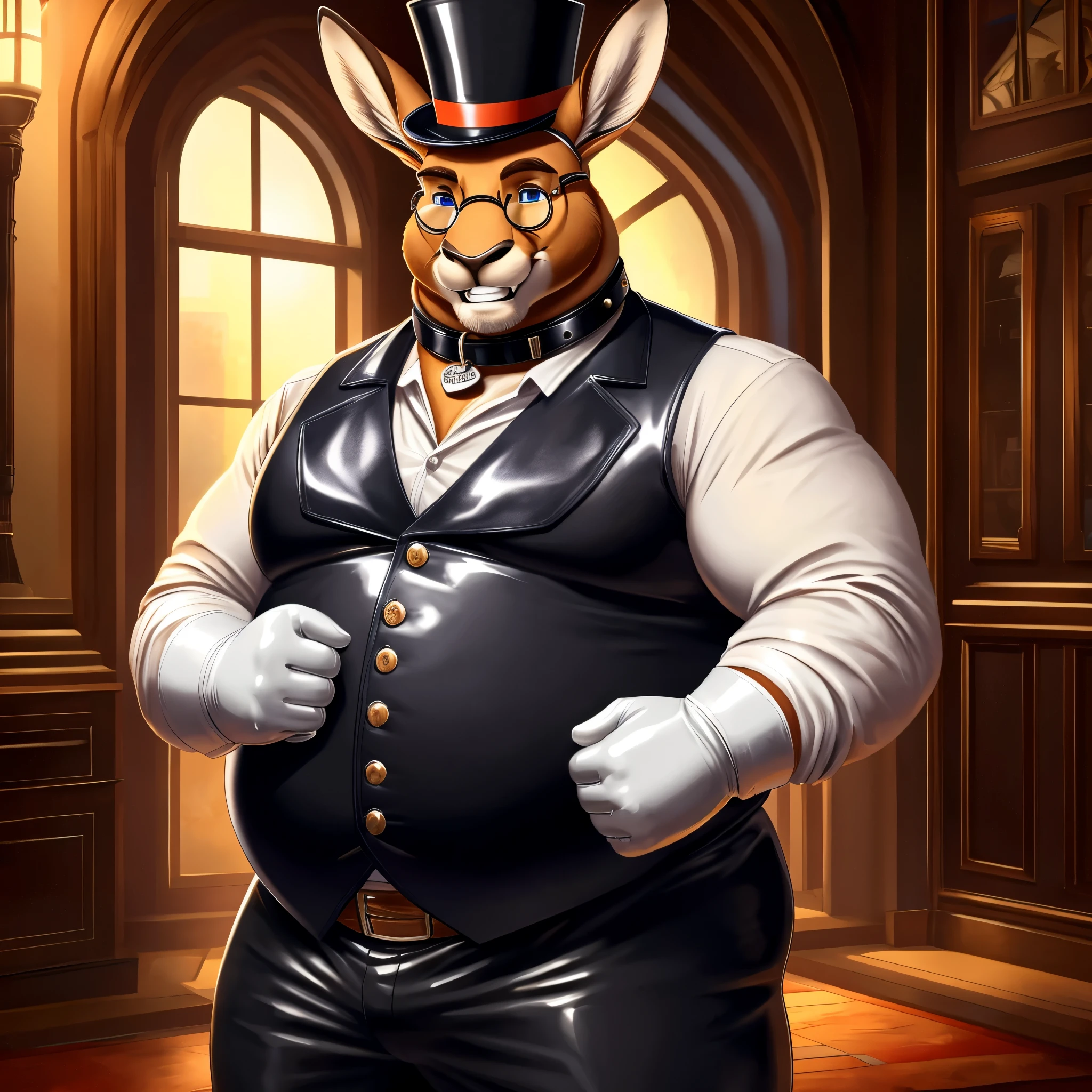 Solo, Male, fat, extremely obese, gentleman, dapper Professor Kangaroo, blue eyes, (posing:1.3), (soft shading), 4k, hi res, ((detailed face, detailed)), looking at viewer, mouth wide open, steampunk, collared shirt with buttons, top hat, male focus, Explorer Outfit, glasses, monocle, vest with buttons, sleeves rolled up, round eyewear, brown headwear, brown vest, Kangaroo is wearing a glossy leather dog collar around the neck, Kangaroo is wearing the leather collar and shirt and vest at the same time, Kangaroo is wearing glossy white rubber gloves on the hands, wearing white rubber gloves on the feet, gloves are rubber in texture, clenching teeth, clenching fists, leather collar is glossy and shiny with a lot of detail, Kangaroo is wearing gloves and leather collar at the same time, leather collar has a round dog-tag, leather collar is thick and detailed, leather collar is glossy and shiny, fancy clothing, dapper vest, dapper shirt, leather collar is thick, glossy leather collar.