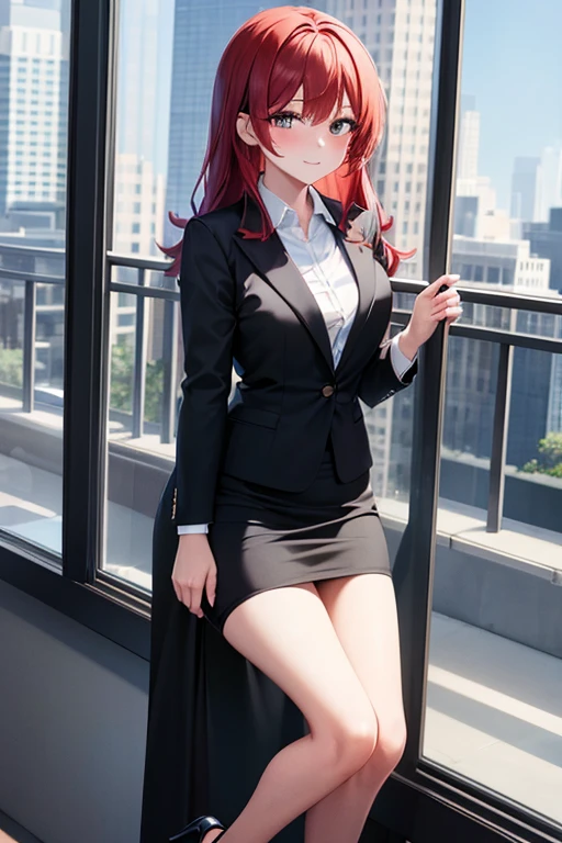 best quality, 1girl, beautiful business woman looking at viewer blushing, black business suit, black midi pencil skirt, black blazer, heels, full body, medium red hair, office building, window