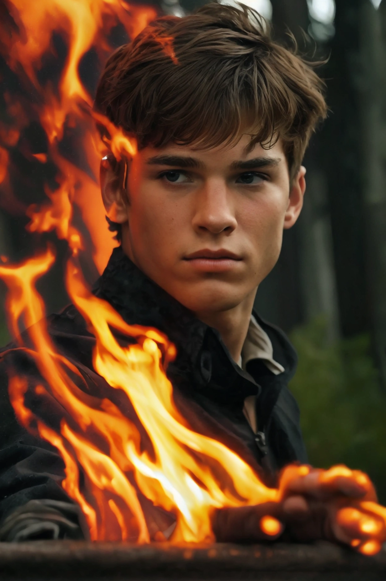Realistic photo of solo handsome teenage men ,casting a fire spell ,dark foreast