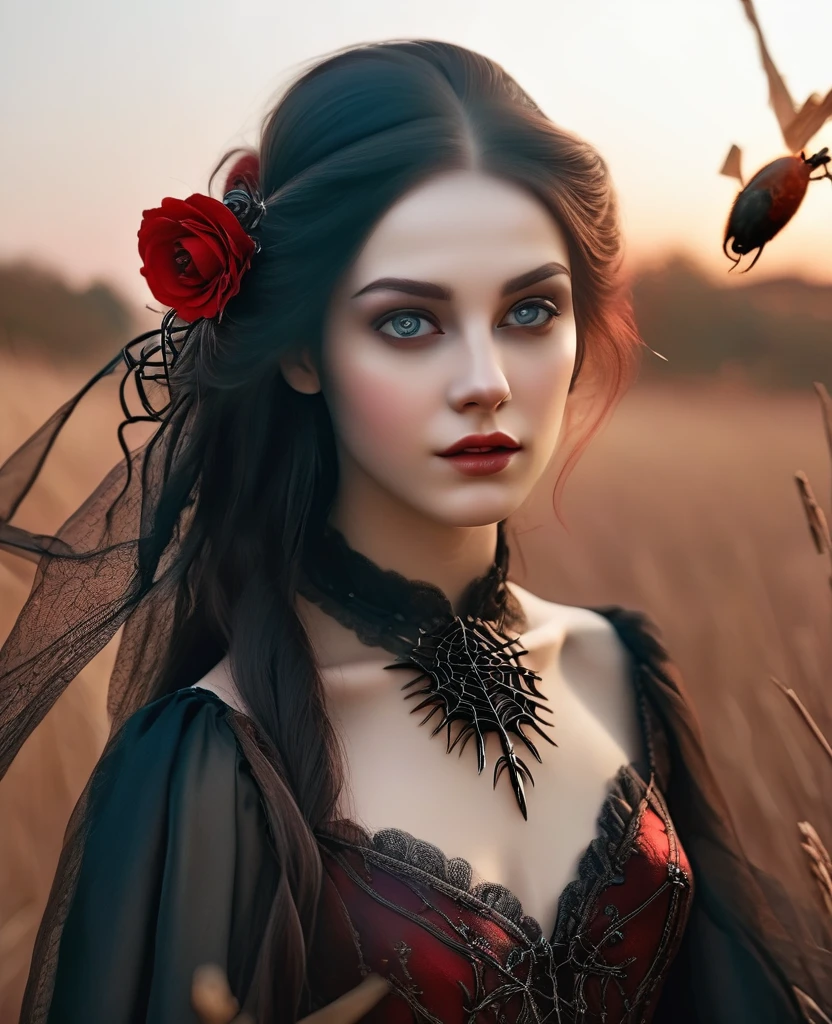 (Realistic:1.5), (((editorial photography))), (((extremely detailed))), ((masterpiece)), (gorgeous gothic woman in black red spider's web), dramatic lighting, (cinematic light:1.1), full body, (cute sexy:0.8), (cute face:1.2), Pleasure, faded colours, depth of field, 35 mm, analog photo style, gothic background, red splash particles with small luminism, spiders around, sunset, red dawn, dark atmosphere, medieval, intricate hair, inricate small details, (pale skin), hair ornament, long black hair, (fantasy world), (textured skin:1.4)