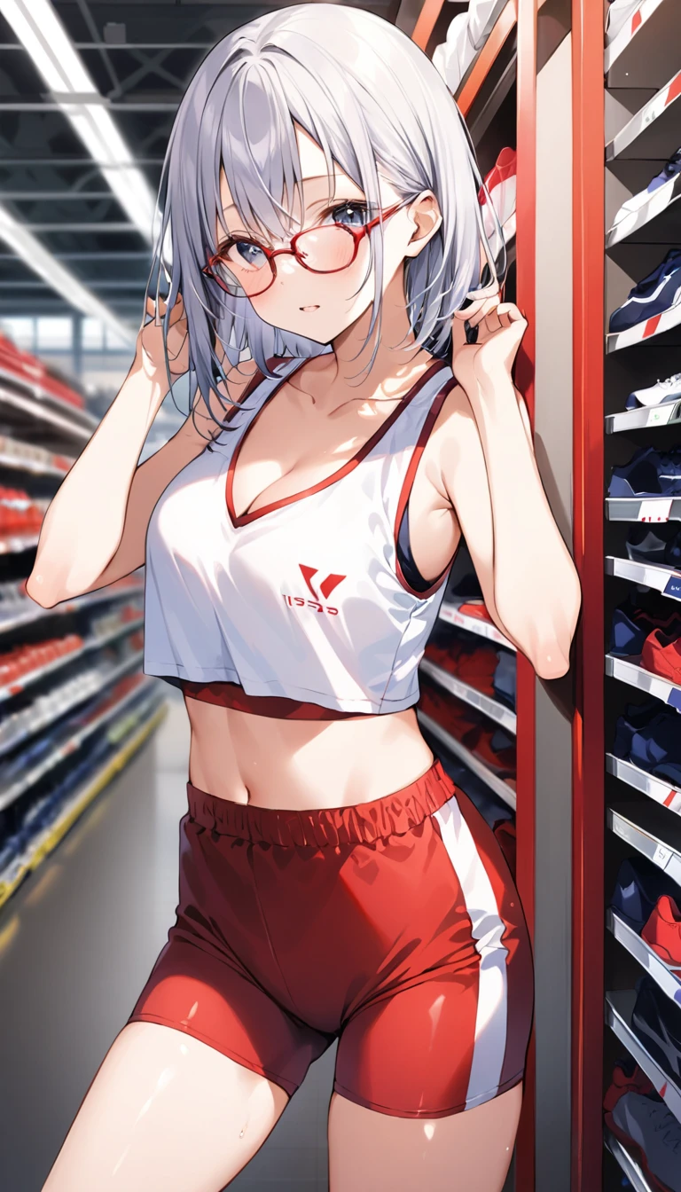 Cropped Jersey、hot pants、Glasses、Cleavage、sports warehouse、15 years old、School、Small face
