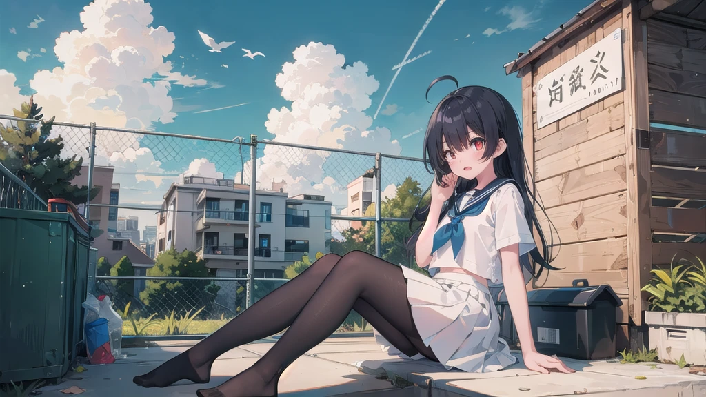 ((masterpiece, Highest quality)),girl, alone, skirt, null, Sitting, pantyhose, Seraphim, cloud,Outdoor, neckerchief ,Day, bangs, fence, shirt, Ahoge, rooftop, Long Hair, black pantyhose,Black Hair, white , white Sailor collar,Red eyes, Sailor collar, white skirt, white Seraphim blue null,white shirt, View your viewers, Mouth closed,chain-link fence, white skirt, cloudy null, trash can, Pleats,No shoes