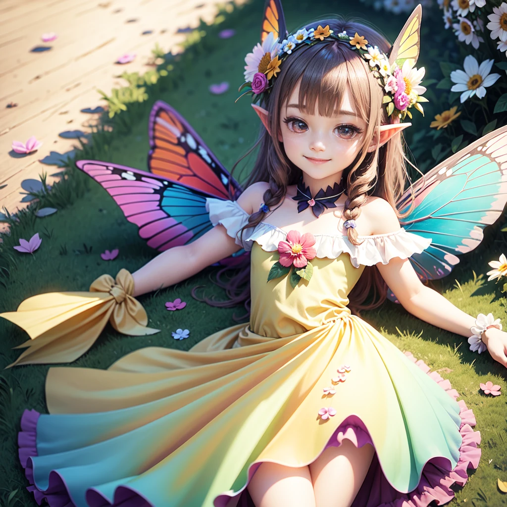 cute little fairy butterfly wings pointy ears flowers flower crown dress made of petals smiling gently leaves