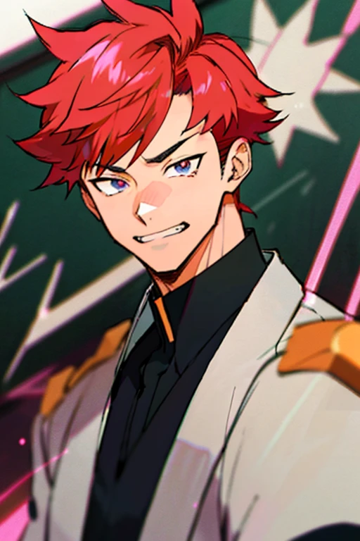 Anime Shōnen,boy, Nightcore, Anime Art Style, Anime art style, Anime Style 4 k, Lo-fi art style, Anime Style. 8K, in Anime Style, Kuvshinov Ilya, Digital anime illustration, Anime Shōnen,  Portrait of Rofi，Red hair、Short Hair、Iris、Face showing teeth and smiling、uniform，(Background - Classroom、blackboard）