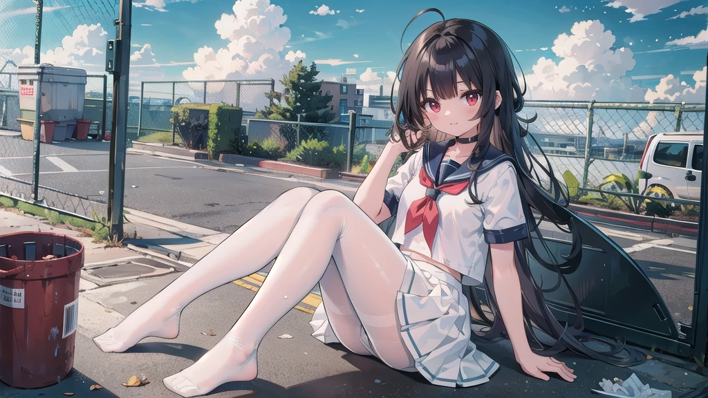 ((masterpiece, Highest quality)),girl, alone, skirt, null, Sitting, pantyhose, Seraphim, cloud,Outdoor, neckerchief ,Day, bangs, fence, shirt, Ahoge, rooftop, Long Hair, black pantyhose,Black Hair, white , white Sailor collar,Red eyes, Sailor collar, white skirt, white Seraphim blue null,white shirt, View your viewers, Mouth closed,chain-link fence, white skirt, cloudy null, trash can, Pleats,No shoes