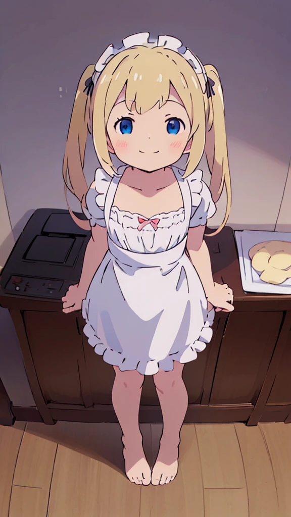 ((masterpiece))((Highest quality))girl、smile、blush、Flat Chest、Are thin、Blonde Hair、blush、Are standing、Whole body image、Even your toes are visible、Eye level on face、front、No background、真frontのアングル、A black maid outfit full of frills、Twin tails、High angle、Fisheye Lens