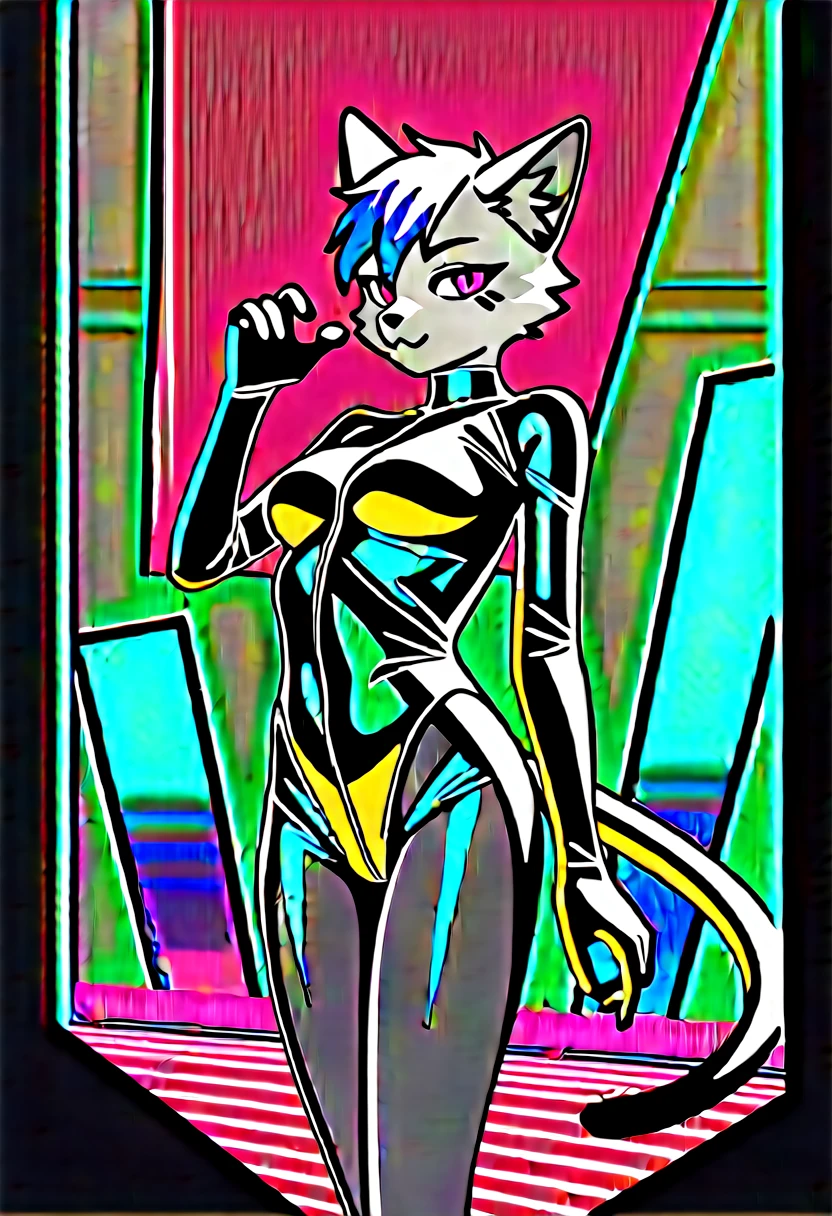 animation, Highest quality, Highest quality, High quality illustrations, masterpiece, Ultra-high resolution, Detailed Background, Disco, Graffiti art on the wall, Absurd, Perfect Anatomy, performance, Good lighting, Shadows in the movies(kemono, Furry PersonifiCation), Cat, White Skin, Purple Rubber Suit, latex, neon, neonライト, neonカラー, Bodysuits, Cyber Suit, cyber punk