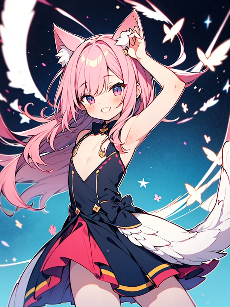 cat ears tail,long hair,pInk hair,angel shota,(boy's flat chest),Dress in the colors of the French flag, blue, white and red,dancing in the heaven,hyper detail and hyper precise illumination,anime style outline,Say good night and smile,