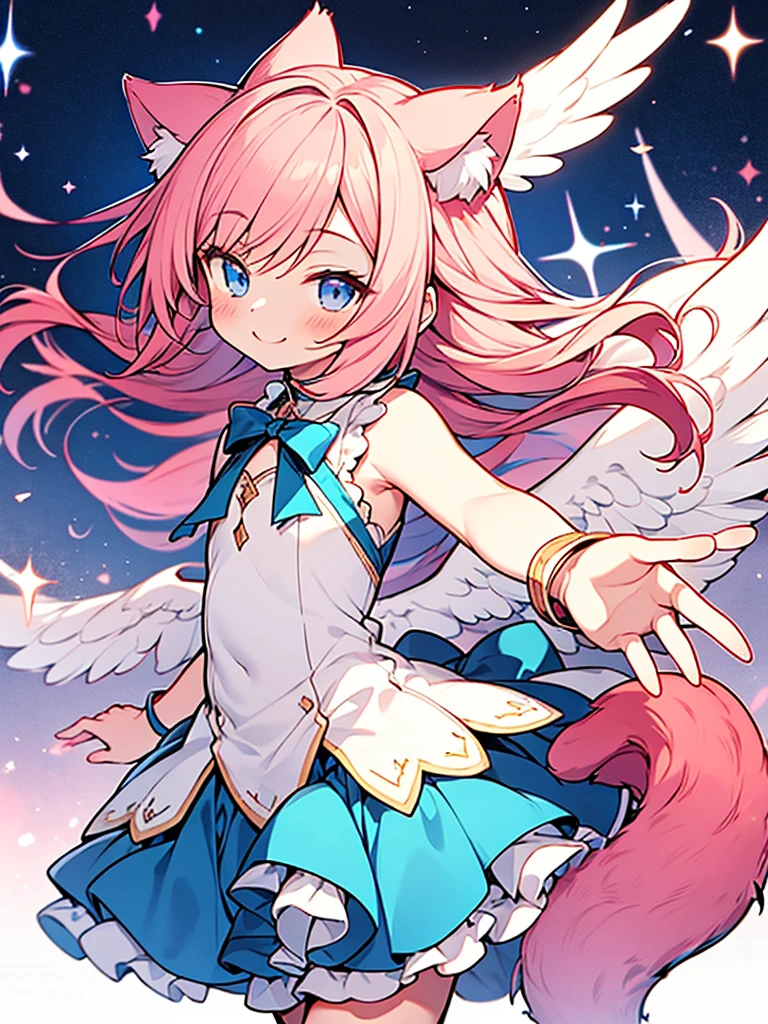 cat ears tail,long hair,pInk hair,angel shota,(boy's flat chest),Dress in the colors of the French flag, blue, white and red,dancing in the heaven,hyper detail and hyper precise illumination,anime style outline,Say good night and smile,