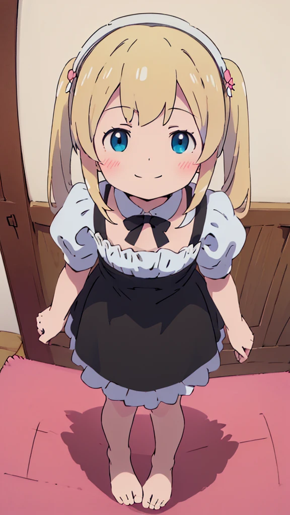 ((masterpiece))((Highest quality))girl、smile、blush、Flat Chest、Are thin、Blonde Hair、blush、Are standing、Whole body image、Even your toes are visible、Eye level on face、front、No background、真frontのアングル、A black maid outfit full of frills、Twin tails、High angle、Fisheye Lens